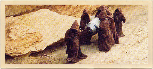 The “Jawas” cart off R2-D2 after he breaks down. This scene was shot in an arroyo in Death Valley, California, in an area known as Artists Palette.