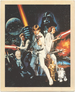 Original artwork for the vintage poster from the 1977 award-winning Sci-Fi movie Star Wars.