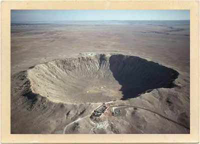 An aerial view of spectacular Meteor Crater, which is located in the Arizona desert, just miles from the town of Winslow.
