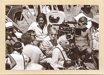 Director Robert Redford (center) on location in Truchas, New Mexico, while filming "The Milagro Beanfield War."