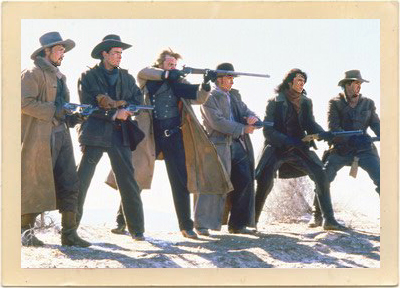 The boys from the original “Young Guns.” Left to right: Casey Siemaszko, Charlie Sheen, Keifer Sutherland, Emilo Estevez, Lou Diamond Phillips, and Dermot Mulroney.