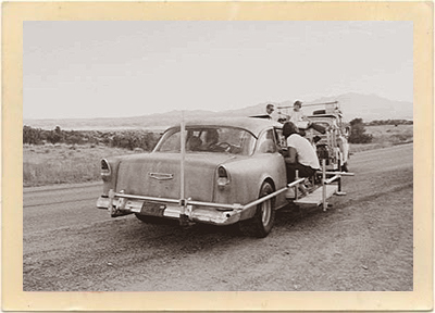 The film crew rides on the 1955 Chevy during a road scene in 1971’s cult classic, “Two-Lane Blacktop.”